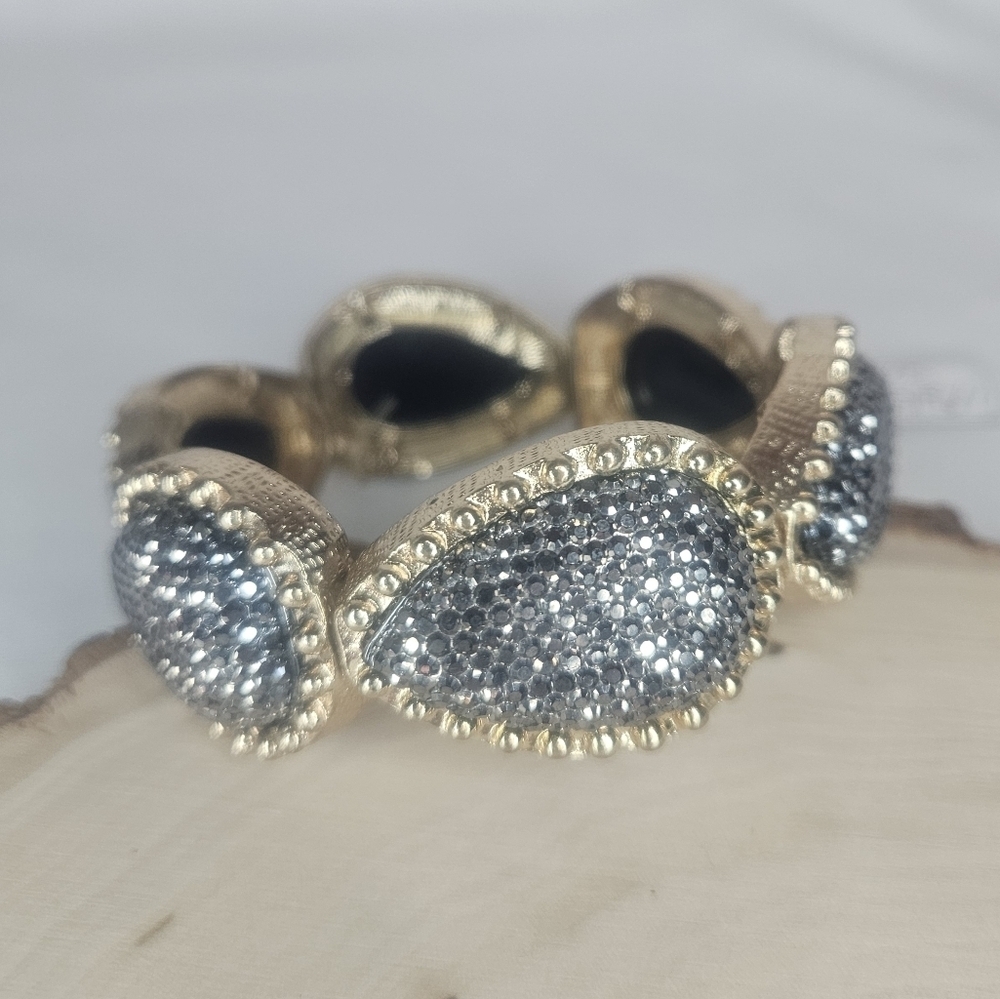 Gold Pave Hematite Teardrop Stretch Bracelet Beaded Coin Edge Border Statement - Picture 2 of 4